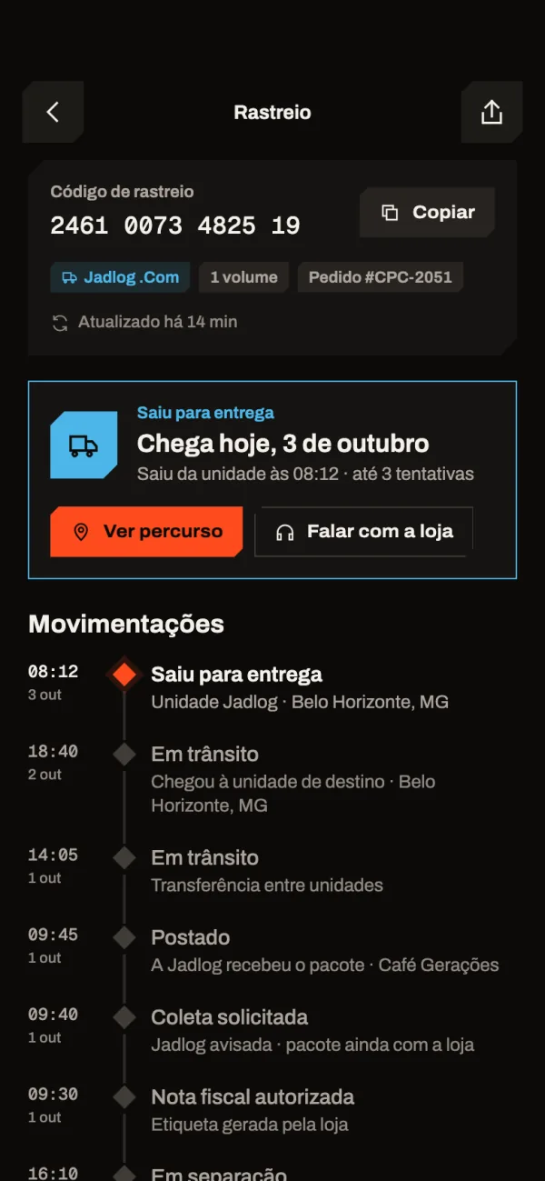 Rastreio do pedido pela Jadlog com código de rastreio e a lista de movimentações.