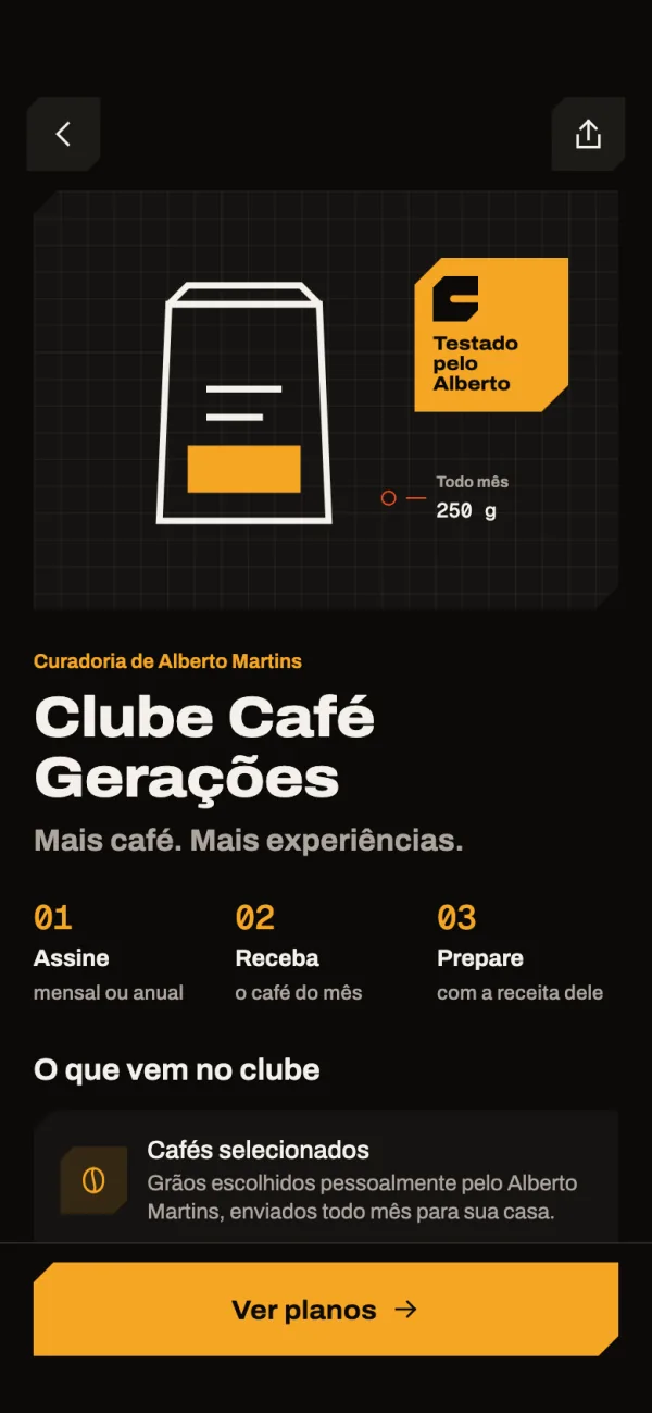 Tela do Clube Café Gerações: Assine mensal ou anual, receba o café do mês, prepare com a receita dele.