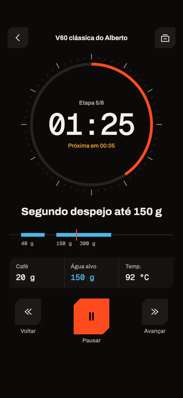 Cronômetro na etapa 5 de 8, 01:25, segundo despejo até 150 g, com café 20 g, água alvo 150 g e temperatura 92 °C.