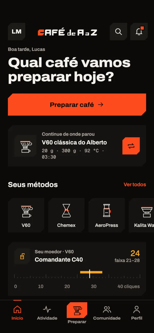 Tela inicial do app: Qual café vamos preparar hoje? com o atalho Preparar café e a última receita.