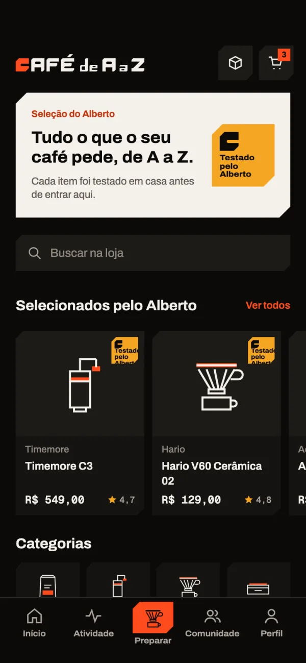 Loja do app com a seleção do Alberto, busca e produtos como Timemore C3 e Hario V60 Cerâmica.
