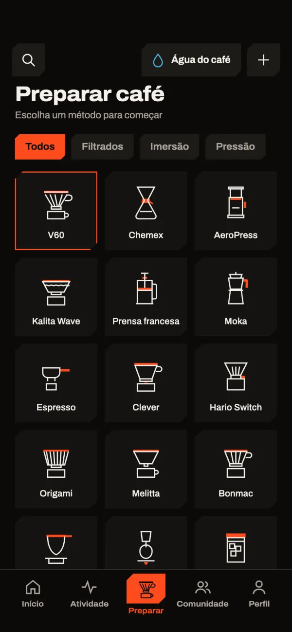Tela Preparar café com a grade de métodos e filtros Todos, Filtrados, Imersão e Pressão.